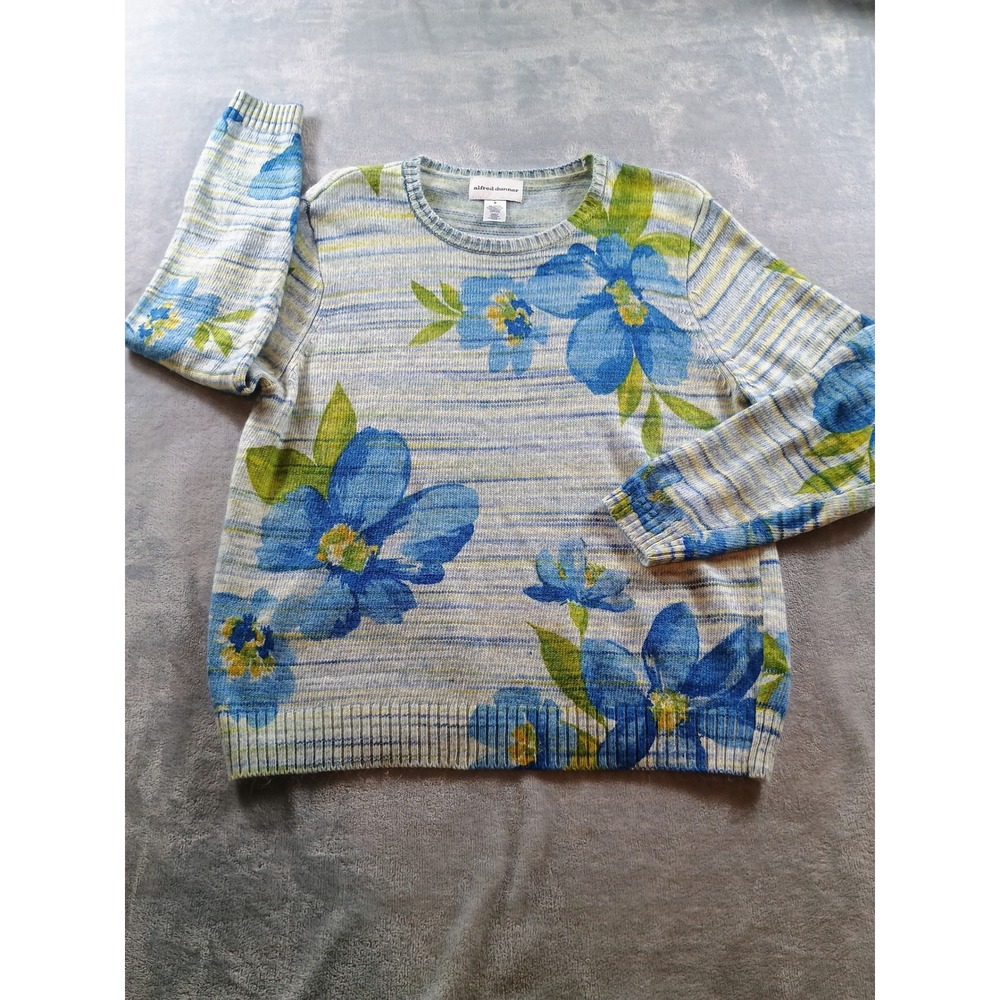 Alfred Dunner Womens Floral Print Knit Sweater‎ Blue Medium Crew Neck